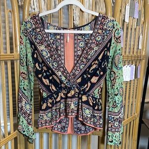 Free People Rosalie Peasant faux wrap Floral Bohemian Top - Multicolor